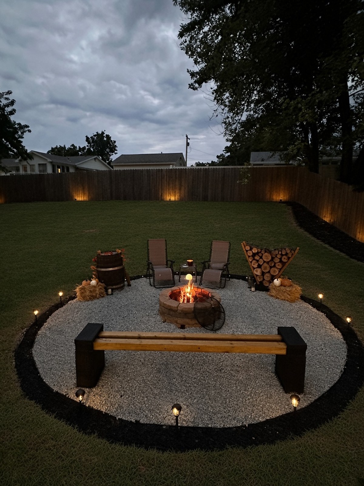 Finished fire pit at night with the fire lit
