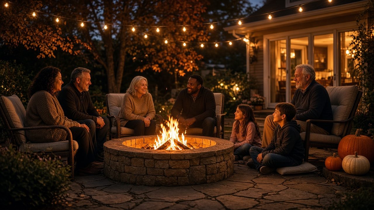 Family and neighbors gathered around a stone fire pit on a paver patio under warm string lights